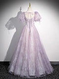 Lilac A-Line Sweetheart Tulle Beaded Long Prom Dress Puffy Sleeves Graduation Dress HZ1024