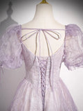 Lilac A-Line Sweetheart Tulle Beaded Long Prom Dress Puffy Sleeves Graduation Dress HZ1024