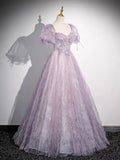 Lilac A-Line Sweetheart Tulle Beaded Long Prom Dress Puffy Sleeves Graduation Dress HZ1024