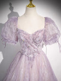Lilac A-Line Sweetheart Tulle Beaded Long Prom Dress Puffy Sleeves Graduation Dress HZ1024