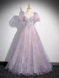 Lilac A-Line Sweetheart Tulle Beaded Long Prom Dress Puffy Sleeves Graduation Dress HZ1024