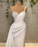 White Mermaid Sweetheart Satin Beaded Long Prom Dress Formal Spaghetti Strap Evening Gown HZ1024