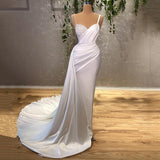 White Mermaid Sweetheart Satin Beaded Long Prom Dress Formal Spaghetti Strap Evening Gown HZ1024