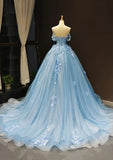 Off-the-Shoulder Sweetheart Sweep Train Tulle Prom Dress, Sky Blue Applique Wedding Dress HZ1024