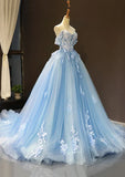 Off-the-Shoulder Sweetheart Sweep Train Tulle Prom Dress, Sky Blue Applique Wedding Dress HZ1024