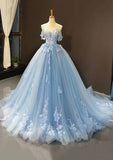 Off-the-Shoulder Sweetheart Sweep Train Tulle Prom Dress, Sky Blue Applique Wedding Dress HZ1024