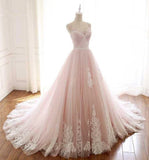 A Line Spaghetti Strap Tulle Beaded Long Prom Dress Sweet Applique Wedding Dress HZ1024