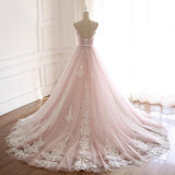 A Line Spaghetti Strap Tulle Beaded Long Prom Dress Sweet Applique Wedding Dress HZ1024