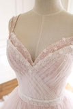A Line Spaghetti Strap Tulle Beaded Long Prom Dress Sweet Applique Wedding Dress HZ1024