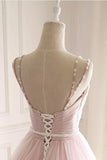 A Line Spaghetti Strap Tulle Beaded Long Prom Dress Sweet Applique Wedding Dress HZ1024