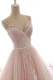 A Line Spaghetti Strap Tulle Beaded Long Prom Dress Sweet Applique Wedding Dress HZ1024