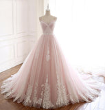 A Line Spaghetti Strap Tulle Beaded Long Prom Dress Sweet Applique Wedding Dress HZ1024