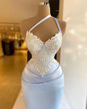 One Shoulder Satin Beaded Long Prom Dress Sequin Appliqu¨¦ Evening Dress HZ1024