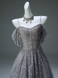 Spaghetti Strap Mesh Sequin Long Prom Dress Graduation Prom Adult Ceremony Dress HZ1024