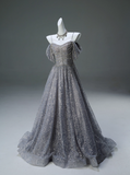 Spaghetti Strap Mesh Sequin Long Prom Dress Graduation Prom Adult Ceremony Dress HZ1024