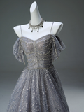Spaghetti Strap Mesh Sequin Long Prom Dress Graduation Prom Adult Ceremony Dress HZ1024