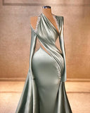 Mermaid Irregular Collar Satin Rhinestone Halter Ruffled Long Prom Dress Formal Evening Gown HZ1024
