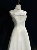 Spaghetti Strap Beaded Satin Long Prom Dress White Wedding Dress Graduation Prom Dress HZ1024