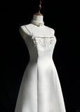 Spaghetti Strap Beaded Satin Long Prom Dress White Wedding Dress Graduation Prom Dress HZ1024