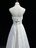 Spaghetti Strap Beaded Satin Long Prom Dress White Wedding Dress Graduation Prom Dress HZ1024