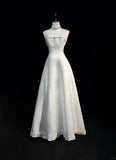 Spaghetti Strap Beaded Satin Long Prom Dress White Wedding Dress Graduation Prom Dress HZ1024