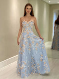 Sweetheart Neck Tulle Lace Blue Long Prom Dress Graduation Prom Dress HZ1024