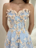 Sweetheart Neck Tulle Lace Blue Long Prom Dress Graduation Prom Dress HZ1024