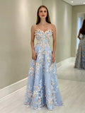 Sweetheart Neck Tulle Lace Blue Long Prom Dress Graduation Prom Dress HZ1024