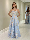 Sweetheart Neck Tulle Lace Blue Long Prom Dress Graduation Prom Dress HZ1024
