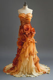 Orange Mermaid Sweetheart Neck Beaded Long Prom Dress Layered Lace Applique Wedding Dress Evening HZ1024