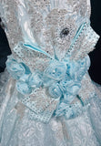 Blue Mermaid Spaghetti Straps Organza Diamond Long Prom Dress Lace Floral Evening Gown HZ1024