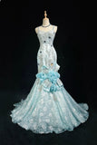 Blue Mermaid Spaghetti Straps Organza Diamond Long Prom Dress Lace Floral Evening Gown HZ1024