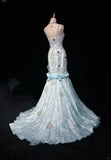 Blue Mermaid Spaghetti Straps Organza Diamond Long Prom Dress Lace Floral Evening Gown HZ1024