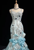 Blue Mermaid Spaghetti Straps Organza Diamond Long Prom Dress Lace Floral Evening Gown HZ1024