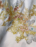 A-Line Strapless Satin Sequins Long Prom Dress Embroidered Applique Wedding Dress HZ1024