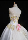 A-Line Strapless Satin Sequins Long Prom Dress Embroidered Applique Wedding Dress HZ1024