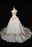 A-Line Strapless Satin Sequins Long Prom Dress Embroidered Applique Wedding Dress HZ1024