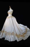 A-Line Strapless Satin Sequins Long Prom Dress Embroidered Applique Wedding Dress HZ1024