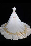 A-Line Strapless Satin Sequins Long Prom Dress Embroidered Applique Wedding Dress HZ1024