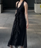 Black Halter A-Line Chiffon&Tulle Open Back Prom Dresses Birthday Dresses HZ1024
