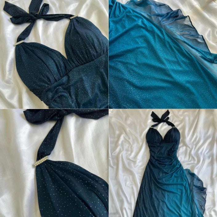 ?Chiffon Halter Sheath Prom Dress for Party&Birthday Elegant Blue Evening Gowns HZ1024