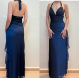 ?Chiffon Halter Sheath Prom Dress for Party&Birthday Elegant Blue Evening Gowns HZ1024