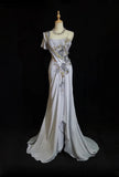 Spaghetti Strap Chiffon Beaded Sequin Long Prom Dress Embroidered Applique Evening Gown HZ1024