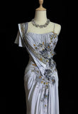 Spaghetti Strap Chiffon Beaded Sequin Long Prom Dress Embroidered Applique Evening Gown HZ1024