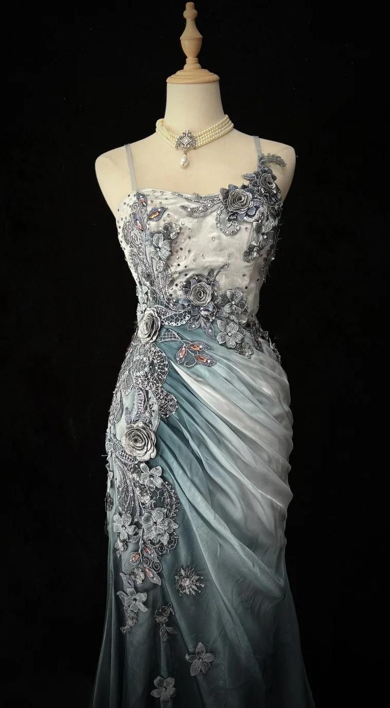 Chiffon Mermaid Spaghetti Strap Sequined Applique Long Prom Dresses?? Formal Evening Dresses HZ1024