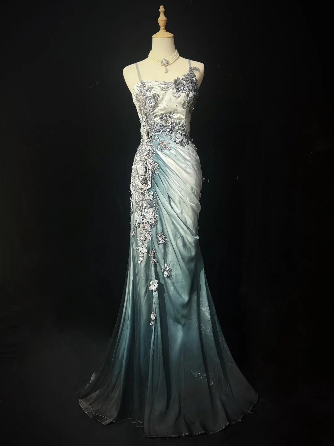 Chiffon Mermaid Spaghetti Strap Sequined Applique Long Prom Dresses?? Formal Evening Dresses HZ1024