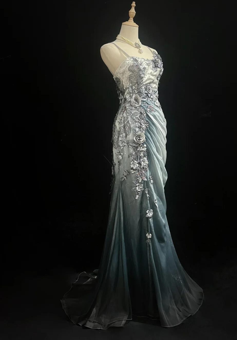 Chiffon Mermaid Spaghetti Strap Sequined Applique Long Prom Dresses?? Formal Evening Dresses HZ1024
