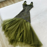 Green Merimaid Spaghetti Strap Tulle Beaded Long Prom Dress Birthday Graduation Prom Dress HZ1024