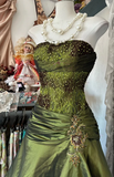 Mermaid Strapless Olive Green Satin Tulle Long Prom Dress Sequin Beaded Evening Dress HZ1024