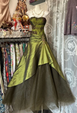 Mermaid Strapless Olive Green Satin Tulle Long Prom Dress Sequin Beaded Evening Dress HZ1024